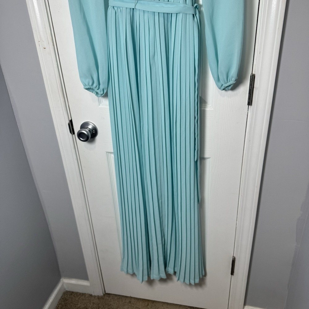 Vintage 70's Blue Maxi Dress Gown Chiffon Mock Neck Lace Evening Gatsby M/L - Picture 3 of 9